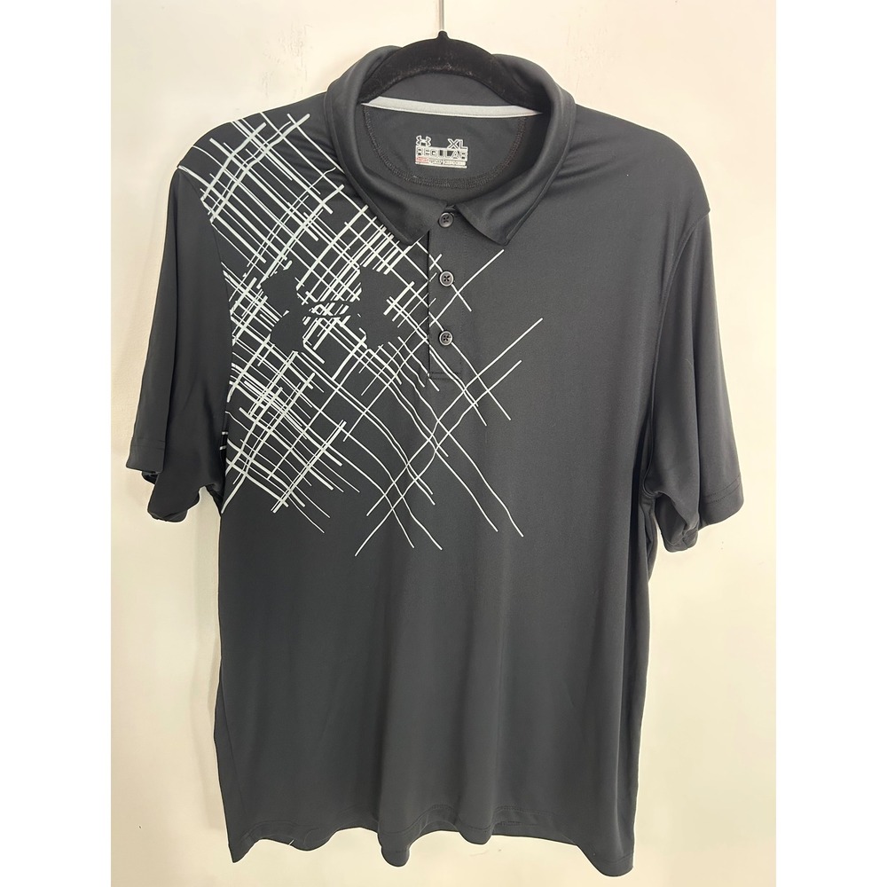 Under Armour Mens HeatGear Polo Shirt XL Black White Grid Graphic Golf Top